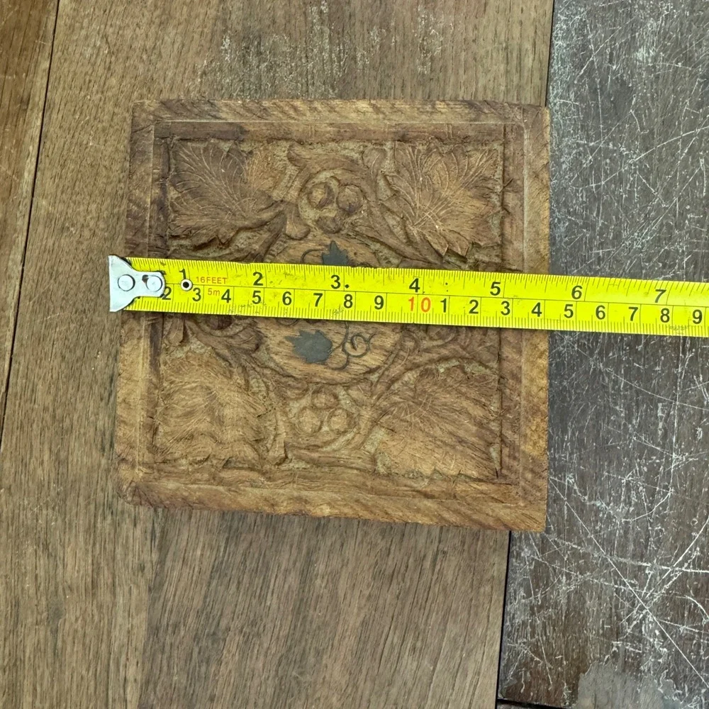 Vintage‎ Solid Wood Carved Jewelry Trinket Box Made in India